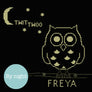 Night view of glow in the dark stitches marking the outline of the owl, with moon and stars.
