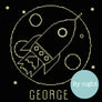 Glow in the dark cross stitched outline of rocket passing the moon with stars.