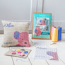 Pink teddy cross stitch cushion with threads fabric and pattern