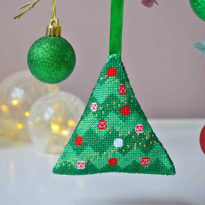 Triangular Christmas tree shaped cross stitched Christmas bauble hanging