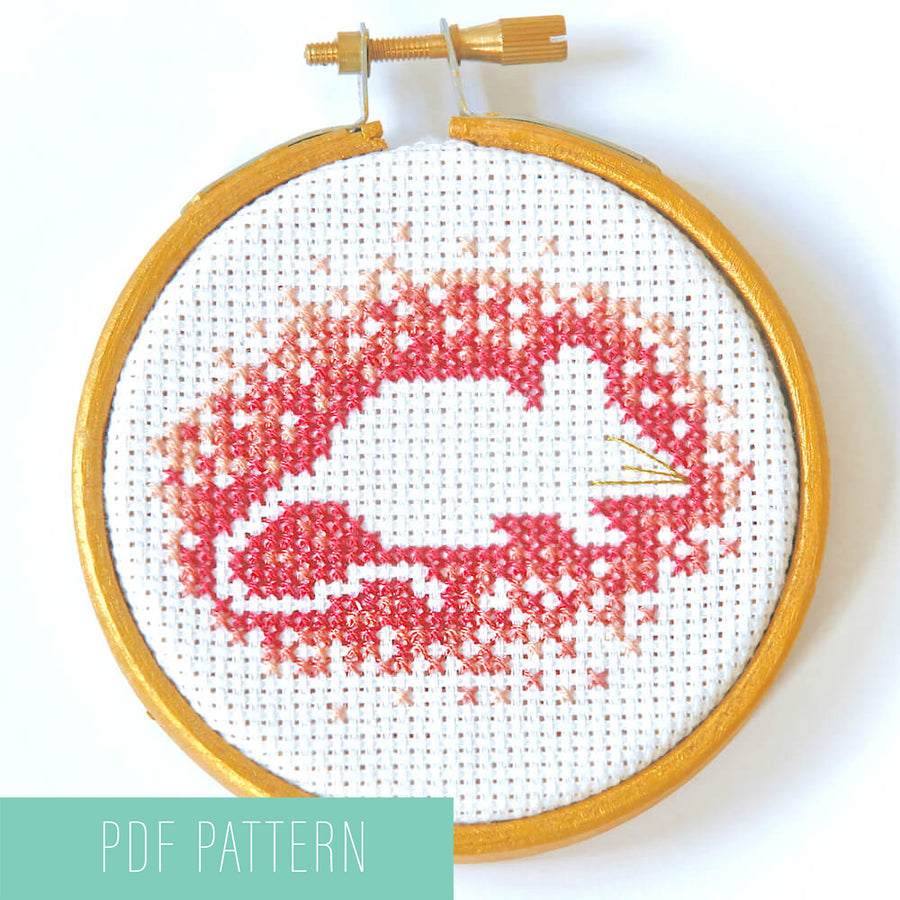 Simple pink mouse cross stitch pattern shown in three inch hoop