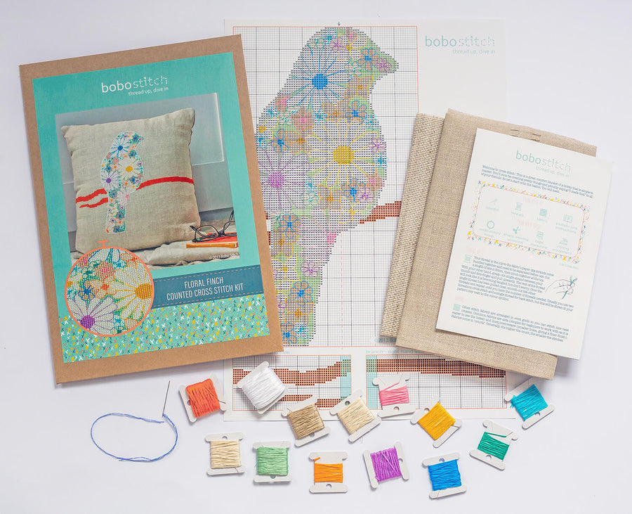 Materials included in the cross stitch kit including thread, pattern, fabric, instructions and outer packaging