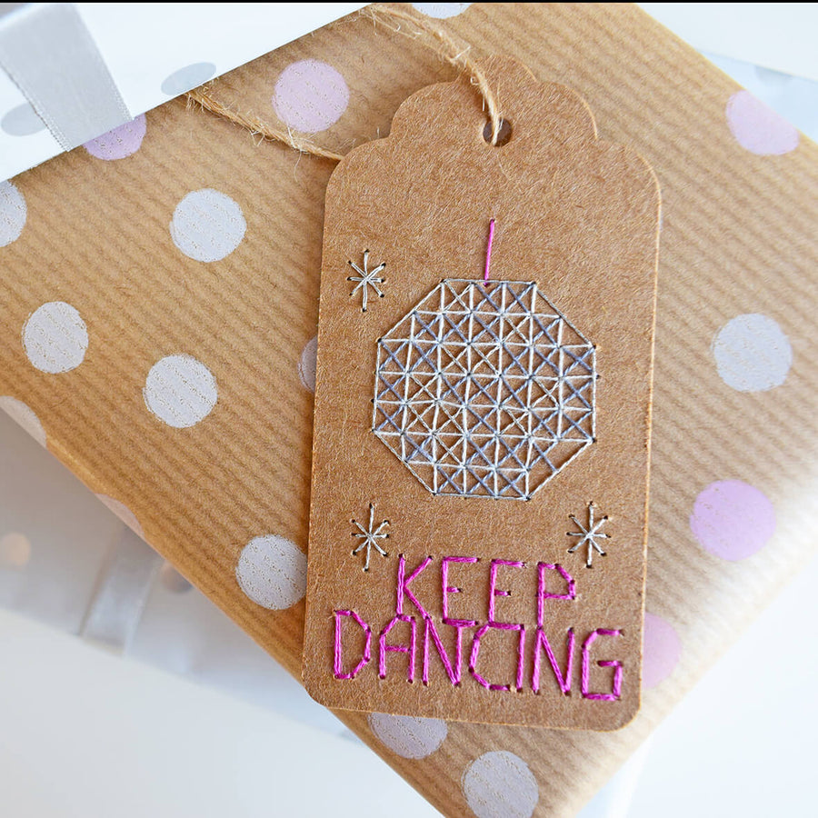 Cross stitch gift tag keep dancing design.