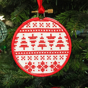 3 inch hoop cross stitch Christmas bauble in red and white Scandi or Nordic pattern