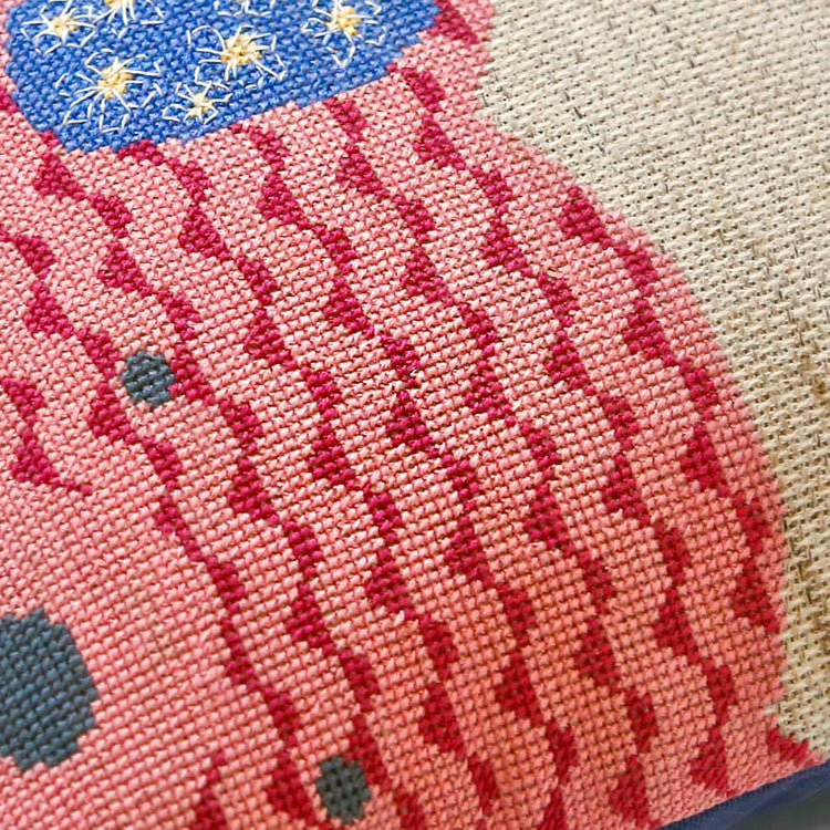 Pink teddy cross stitch pattern close up of stitches.