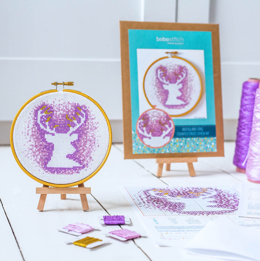 Stag cross stitch kit with fabric, pattern and threads.